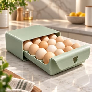 May include: A sage green plastic egg storage container with a pull-out drawer holding eighteen brown eggs. The front of the drawer features a small cutout in the shape of a bear head, providing a handle for sliding the tray open and closed.