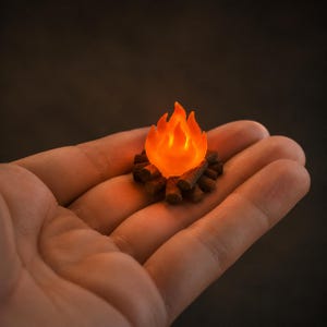 Peut inclure: Une figurine de feu de camp miniature composée d'une flamme translucide orange vif reposant sur un arrangement circulaire de petits rondins de bois bruns texturés. La flamme semble émettre une lueur douce et chaude, créant un petit feu réaliste.