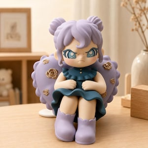 May include: A collectible vinyl figure featuring a character with lavender hair in double buns, wearing a dark teal ruffled dress and light purple boots. The figure sits in front of a large, heart-shaped lavender cushion decorated with small gold roses.