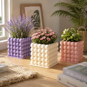 May include: Three square planters with a bubble-textured exterior surface. The left planter is lavender and holds purple lavender flowers, the center planter is white and holds pink daisies, and the right planter is light pink and holds green foliage.