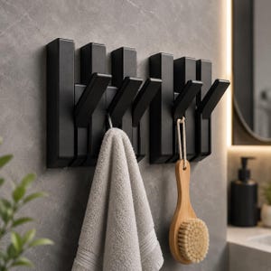 May include: A wall-mounted matte black coat rack featuring five retractable hooks. A light grey towel hangs from one hook, and a wooden bath brush with a light-coloured rope loop hangs from another hook, showcasing the functional design of the rack.