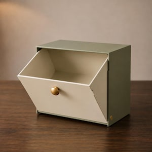 Puede incluir: Un contenedor de almacenamiento verde salvia con un panel frontal de color crema que se inclina hacia afuera. El contenedor cuenta con un pomo redondo de tono dorado centrado en el panel frontal y un cierre circular dorado a juego en el lateral.