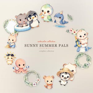 May include: A collection of watercolor illustrations titled SUNNY SUMMER PALS featuring cute animals including a hippo, penguin, bird, dolphin, rabbit, octopus, bear, and zebra, accented with tropical foliage wreaths and summer beach accessories.