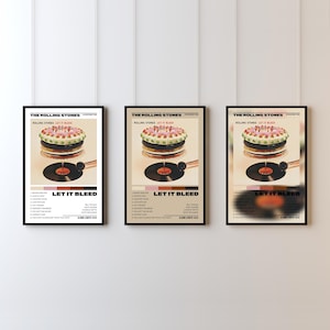 May include: Three identical framed posters featuring The Rolling Stones Let It Bleed album artwork. Each poster displays a cake on a vinyl record, the album title, tracklist, and band member names on a beige background with a color palette bar.