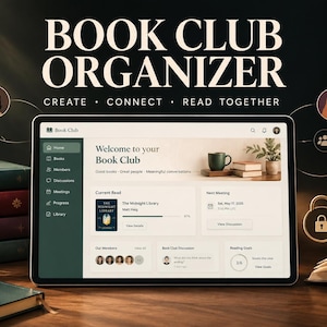 Könnte beinhalten: Ein digitaler Buchclub-Organizer auf einem Tablet-Bildschirm mit einem Dashboard für Bücher, Mitglieder, Diskussionen, Treffen, Fortschritt und Bibliothek. Die Benutzeroberfläche enthält den Text Welcome to your Book Club und Private Shared Space.