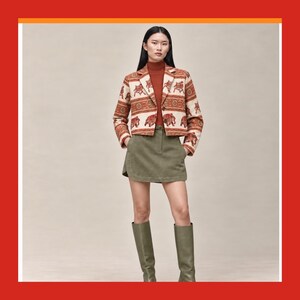 May include: A cropped blazer featuring a cream base with a repeating red elephant and geometric pattern, worn over a rust-colored turtleneck sweater, paired with an olive green mini skirt and matching olive green knee-high leather boots.