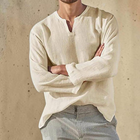 Men's Cotton Linen V-Neck Shirt, Lightweight Breathable Casual Top