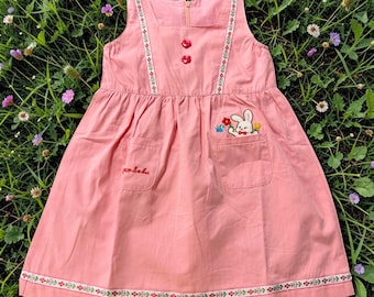 Pink Cotton Bunny Dress, Embroidered Floral Trim, Vintage Style Toddler Outfit