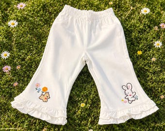 Toddler Girls White Ruffle Pants | Bunny Floral Embroidered Cotton Trousers