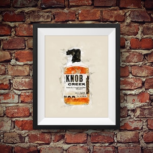 May include: A watercolor illustration of a Knob Creek Kentucky Straight Bourbon Whiskey bottle. The bottle is brown with a white label that reads "Knob Creek" and "Kentucky Straight Bourbon Whiskey". The label also includes the words "Small Batch" and "Pot Still Aged".