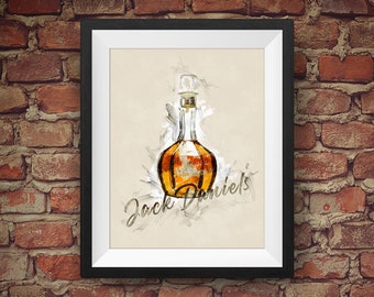 以下が含まれることがあります： 茶色の背景に、スタイリッシュなフォントで「Jack Daniel's」という文字が書かれた、ジャックダニエルのボトルのウォーターカラーイラストが額装されています。