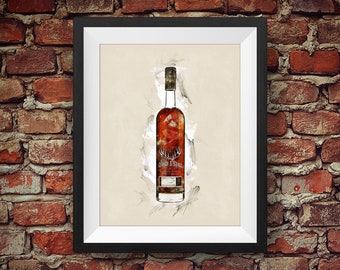 May include: A hand-drawn illustration of a bottle of "Double Eagle" whiskey. The bottle is brown glass with a white label and a gold cap. The label features a stag's head with antlers.