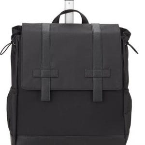 May include: A black rolling backpack featuring a top handle, a fold-over flap with two vertical straps, and a retractable T-shaped handle. The bag includes side pockets, a reinforced base, and wheels at the bottom for easy transport and mobility.