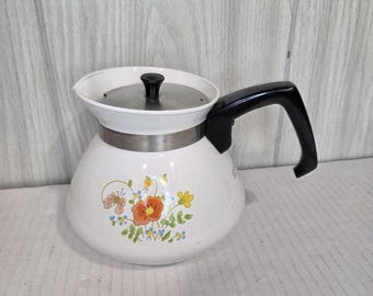 Vtg Corning Ware Teapot 6 Cup Spring Meadow Kettle Yellow Flower USA
