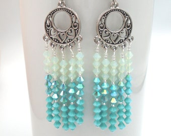 TURQUOISE AQUA AB Ombre Crystal Chandelier Earrings Aqua Ombre Crystal Chandeliers Turquoise Crystal Chandelier Earrings