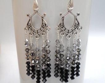 BLACK and SILVER CRYSTALS Chandelier Earrings     Black Silver Ombre Crystal Earrings     Black Silver Crystals Chandelier Earrings