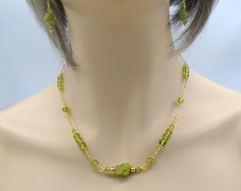 NATURAL PERIDOT GEMSTONE Beaded Gold Necklace & Earring Set 18.5" Peridot Jewelry Set