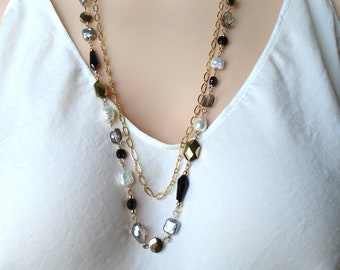 VINTAGE GLASS PEARLS and Crystals 2 Strand Necklace    Double Strand Necklace   Vintage Pearls Crystals Black White Necklace