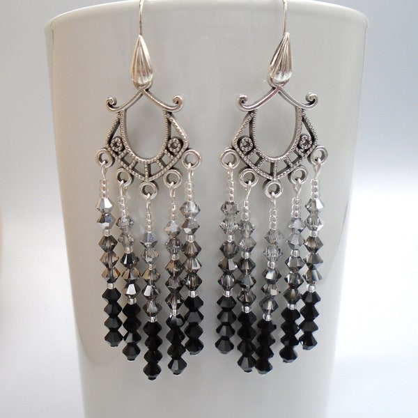 BLACK and SILVER CRYSTALS Chandelier Earrings     Black Silver Ombre Crystal Earrings     Black Silver Crystals Chandelier Earrings