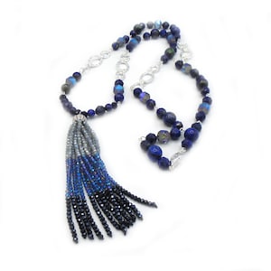 NATURAL LAPIS LAZULI Long Necklace and Earrings   Lapis Lazuli and Chrysocholla Beaded Necklace and Earrings