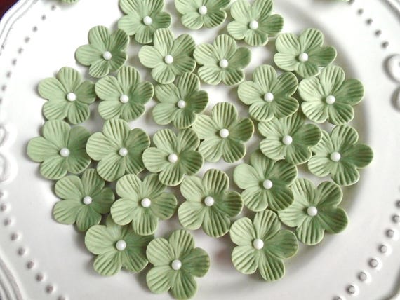 Sage Green Gum Paste Blossoms: Edible Cake & Cupcake Toppers, Sugar Pearl Center (30 count)