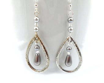 WHITE BRONZE TEARDROP Dangle Earrings   Silver Teardrop Earrings   White Bronze Glass Pearl Teardrop Earrings
