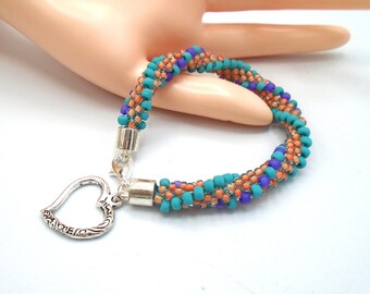 KUMIHIMO BEADED BRACELET   Multicolor Beaded Bracelet    Turquoise Purple Orange Beaded Charm Bracelet