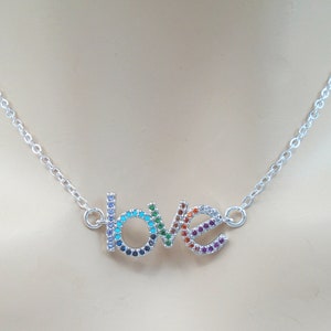 CUBIC ZIRCONIA LOVE Link Silver Necklace     Multi Color Cubic Zirconia Bar Necklace Adjustable Valentine Gift