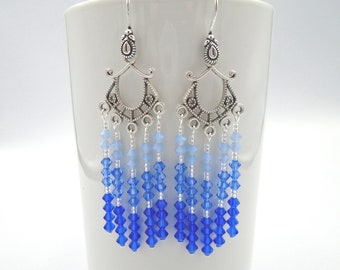 MAJESTIC BLUE OMBRE Crystals Chandelier Earrings    Blue Crystal Chandelier Earrings     Blue Ombre Crystals Chandelier Earrings
