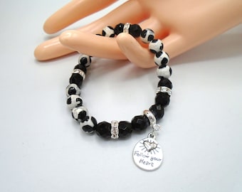 TIBETAN AGATE Black and White Beaded Bracelet, Black and White Stretch Bracelet, Tibetan Black and White Bracelet