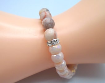 PEACHY PINK JASPER and Champagne Beaded Bracelet    Zebra Jasper and Czech Glass Stretch Beaded Bracelet