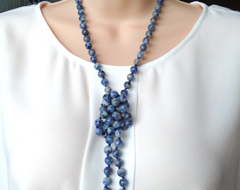 SODALITE KNOTTED 36" NECKLACE, Hand Knotted Beaded Necklace, Hand Knotted 36" Long Gemstone Necklace