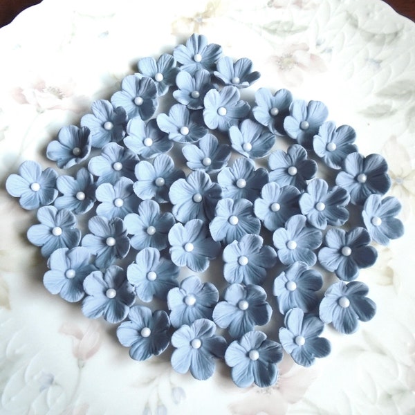 STEEL BLUE Gum Paste Blossoms with SILVER or White Sugar Pearl    Steel Blue Sugar Paste Blossoms with White or Silver Pearl