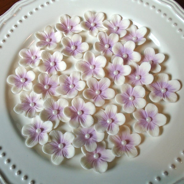 LAVENDER on WHITE Gum Paste Blossoms. 30 Lavender Cake Topper and Cupcake Decorations   Sugar Paste LAVENDER on White Blossoms