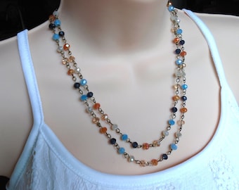 MIXED CRYSTALS BEADED Necklace, Blue Navy Cream Peach Crystals Necklace, Mixed Crystals Heart Double Strand Necklace