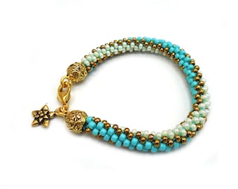 KUMIHIMO BEADED BRACELET   Multicolor Beaded Bracelet   Turquoise Cream and Brass Kumihimo Bracelet