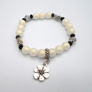 CZECH GLASS SUEDED Beaded Stretch Bracelet Black and White Czech Glass Bracelet