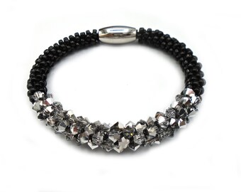 BLACK and SILVER CRYSTALS Kumihimo Beaded Bracelet   Handmade Crystal Bracelets   Black Silver Crystals Bracelet