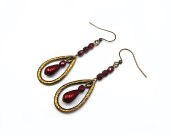 BRASS FINISH TEARDROP Dangle Earrings   Brass and Wine Teardrop Earrings   Oxidized Brass Glass Pearl Teardrop Earrings