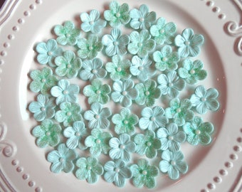 AQUA BLUE SPARKLE Gum Paste Blossoms   Aqua Blue Cake and Cupcake Toppers Aqua Blue Sparkle Sugar Paste Blossoms