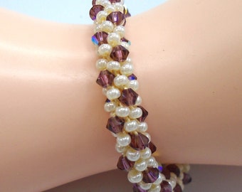 AMETHYST CRYSTALS KUMIHIMO Beaded Bracelet   Handmade Bracelets   Purple and Cream Crystals Kumihimo Bracelet