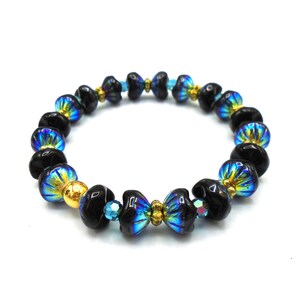 JET AB Czech Glass Flower Pod Stretch Bracelet    Black Czech Glass Stretch Bracelet    Black Jet AB Czech Glass Beaded Bracelet