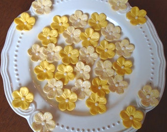 YELLOW SPARKLE Gum Paste Blossoms   Yellow Cake Topper and Cupcake Decorations  30 YELLOW Sparkle Sugar Paste Blossoms