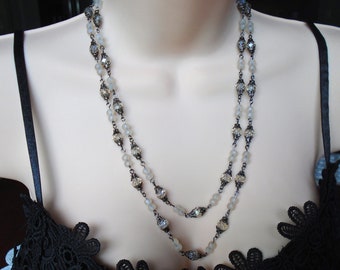 VINTAGE LOOK CRYSTALS Double Strand Necklace, Gun Metal Clear Crystals Necklace, Two Strand Vintage Look Necklace