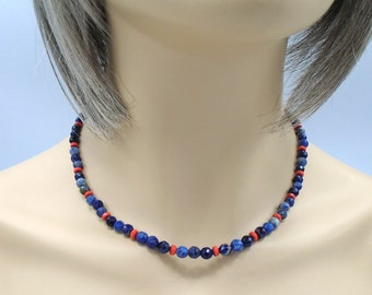 NATURAL SODALITE and Coral Red Czech Glass Necklace    Blue and Red Sodalite Necklace   SODALITE Necklace Natural Czech Glass Coral Red