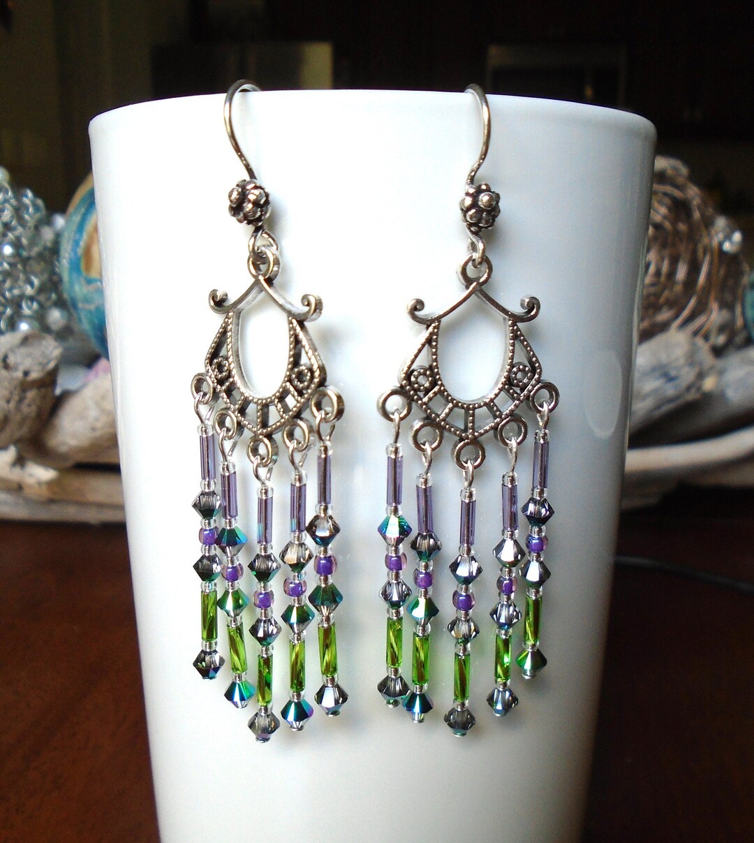 CRYSTAL CHANDELIER EARRINGS Green Purple Chandelier Earrings Green and
