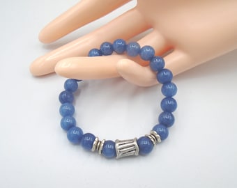 BLUE JADE Beaded Bracelet  Blue Jade and Silver Stretch Bracelet