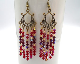 SIAM RED Crystals Chandelier Earrings      Red Chandelier Earrings      Antique Brass Siam Red Crystals Chandelier Earrings