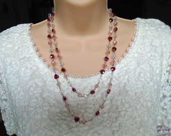 HEART CRYSTAL BEADED Necklace, Vintage Look Crystal Necklace, Mixed Crystals Heart Double Strand Necklace