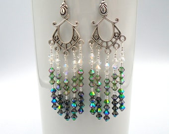 GREEN AB CRYSTALS Chandelier Earrings     Green Ombre Crystal Earrings      Antique Silver and Green Crystals Chandelier Earrings